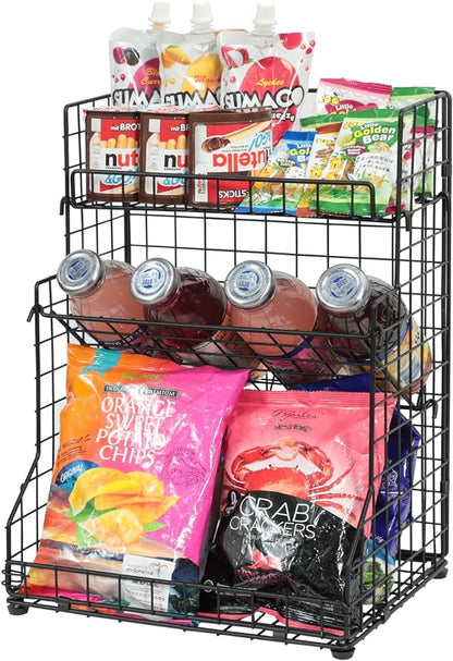 X-cosrack 3-Tier Snack Organizer Rack Bins with Adjustable Tilting Design for Pantry Storage,Metal Wire Snack Holder for Kitchen Bathroom Cabinets Countertops