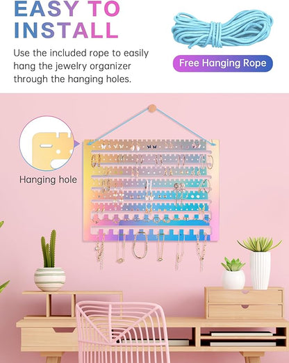 NiHome Iridescent Acrylic Hanging Earring Organizer, Wall Mount Jewelry Organizer Rack, Wall Earring Holder with 132 Earring Holes, 150 Slots, 23 Necklace Hooks for Stud Earring Bracelet Necklace Ring