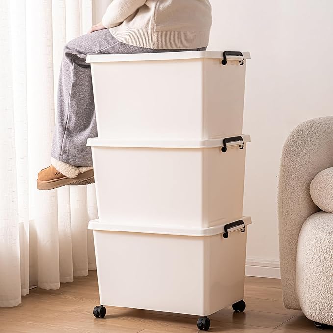 YUNGSHY 60 Quart white plastic large storage bins with lids,Durable Nestable container Secure Pull Handle organizing for home,school and office (white, 3 L)