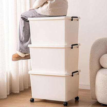YUNGSHY 60 Quart white plastic large storage bins with lids,Durable Nestable container Secure Pull Handle organizing for home,school and office (white, 3 L)