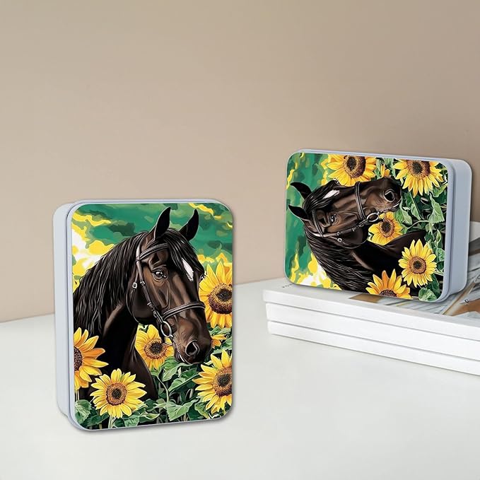 Metal Tin Box with Lid for Game Cards Home Large Organizer Candles Keys Crafts Storage - Comes with 4 Magnetic Cord Clips，Horses and Sunflowers