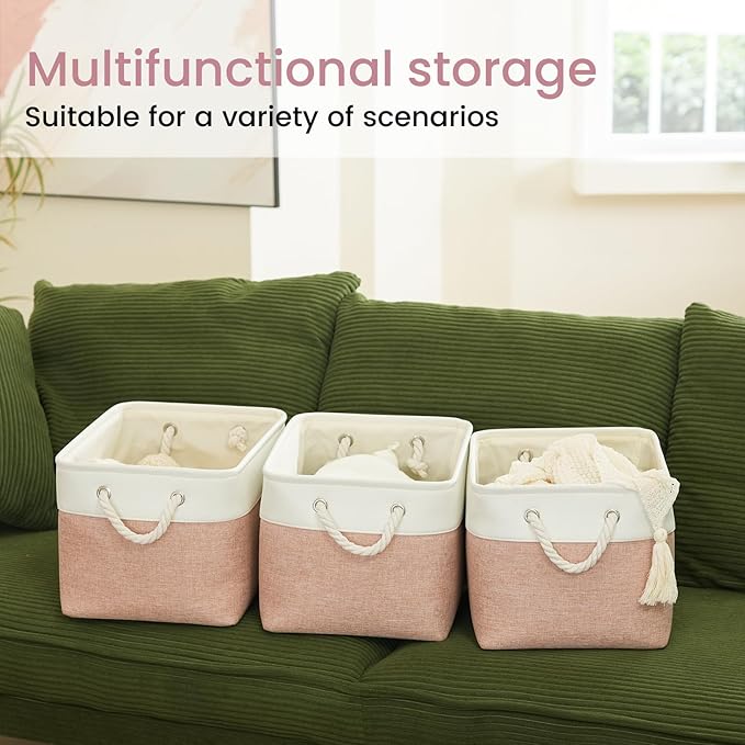 Large Storage Baskets- 15x11x10 inch Storage Bins for Shelves and Closet Organizing, Foldable Fabric Bin for Home Organization Clothes and Laundry (6-Pack, White&Pink)