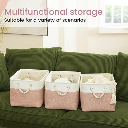 Large Storage Baskets- 15x11x10 inch Storage Bins for Shelves and Closet Organizing, Foldable Fabric Bin for Home Organization Clothes and Laundry (6-Pack, White&Pink)
