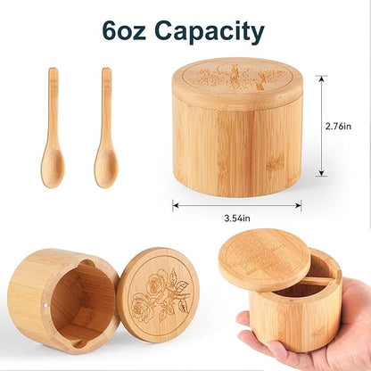 Timtopno Salt Cellar, 2PCS Salt Container Bamboo Salt and Pepper Box for Countertop with Built-in Spoon & Swivel Lid, Spice Seasoning Storage Bowl, Elegant Salt Holder (Rose & Bird Engraving)