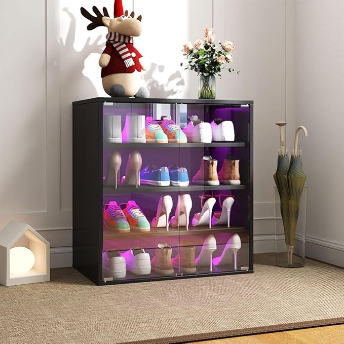 Shoe Box with RGB LED Light, Wooden Stackable Shoe Storage Box with Glass Door, Sneaker Storage Box Shoe Rack Container Holder, Shoe Storage Bin Shoe Display Case, for Shoe Collection