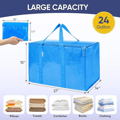 TICONN 8 Pack Extra Large Moving Bags Heavy Duty with Zippers & Carrying Handles, Durable Storage Bags Moving Boxes for Closet Organizers and Storage (8 Pack, Sky Blue)