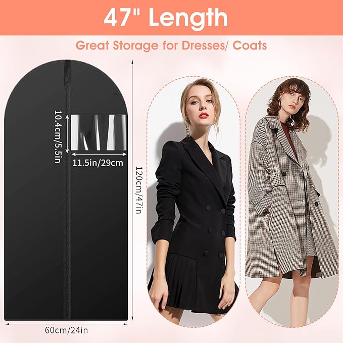 12 Pcs Garment Bags for Hanging Clothes, 47" x 24" Black Dress Garment Bag Set with Clear Window, Durable PEVA Coat Bags for Closet Storage & Travel