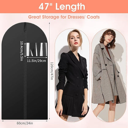 12 Pcs Garment Bags for Hanging Clothes, 47" x 24" Black Dress Garment Bag Set with Clear Window, Durable PEVA Coat Bags for Closet Storage & Travel