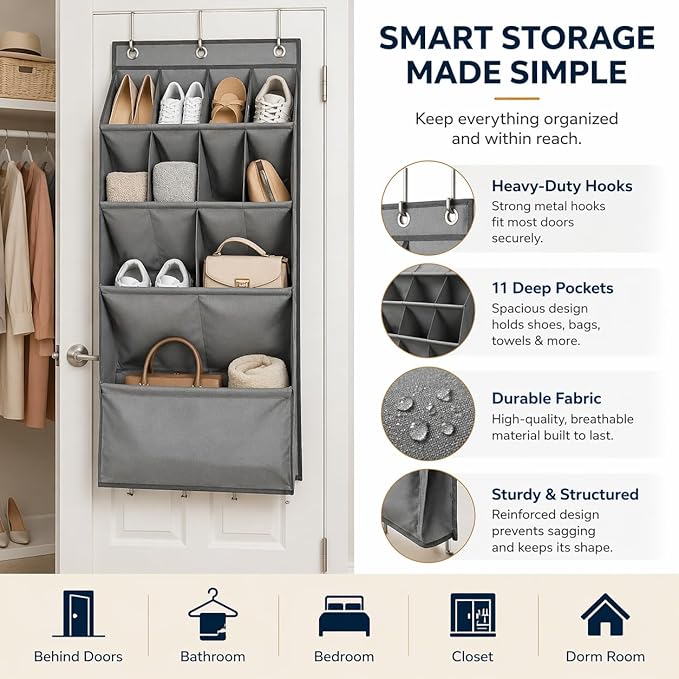 Over the Door Shoe Organizer, Hanging Closet Organizer with Deep Pockets, 900D Oxford Fabric, Heavy-Duty Hooks, Space Saving Storage for Shoes, Bags, Accessories – Gray, 15 Pockets