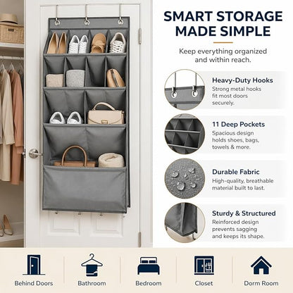 Over the Door Shoe Organizer, Hanging Closet Organizer with Deep Pockets, 900D Oxford Fabric, Heavy-Duty Hooks, Space Saving Storage for Shoes, Bags, Accessories – Gray, 15 Pockets