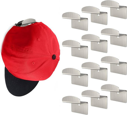 Modern JP Metal Adhesive Hat Hooks for Wall (12-Pack) - Optional Screws Included, Minimalist Hat Rack for Wall, Strong Hold Hat Hangers for Wall - Stainless Steel, Silver