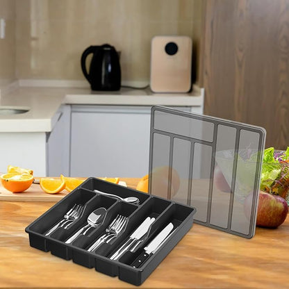 Cutlery Drawer Organizer, Silverware Organizer With Lid, Covered Utensil Tray For Kitchen Drawer And Countertop, Plastic Cutlery And Flatware Storage Box For Spoons Forks Holder Case, 6 Compartments