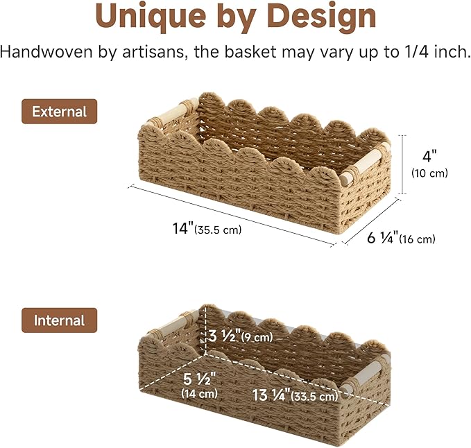 StorageWorks Toilet Paper Storage Basket, Toilet Basket with Wooden Handles, Small Wicker Decorative Scalloped Baskets for Organizing, Living Room, Top Tank, Brown Rope Baskets