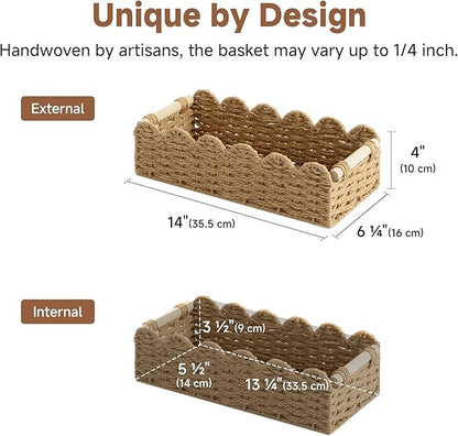StorageWorks Toilet Paper Storage Basket, Toilet Basket with Wooden Handles, Small Wicker Decorative Scalloped Baskets for Organizing, Living Room, Top Tank, Brown Rope Baskets