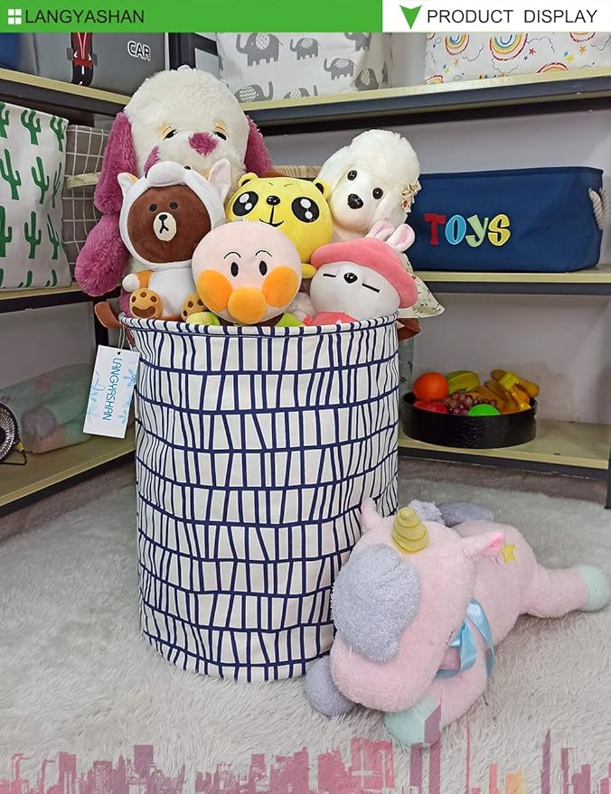Laundry Basket Canvas Fabric Collapsible Organizer Basket for Storage Bin Toy Bins Gift Baskets Bedroom Clothes Children Nursery Hamper (Blue Stripes)