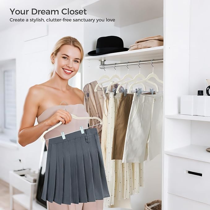HOUSE DAY Velvet Hangers with Adjustable Clips 10 Pack, Non-Slip Suit Organizer with 360° Hook - Heavy Duty Hanger for Pants, Skirts, Blouses, Dresses - Outfit Hangers All-Season Space Saver (Ivory)