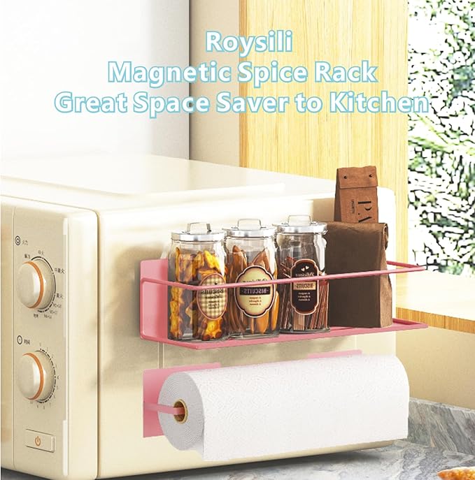 Magnetic Spice Rack For Refrigerator Magnetic Fridge Shelf For Kitchen Spice Organizer Magnetic Shelf For Fridge Space Saving Pink 4 Pack With Magnetic Paper Towel Holder