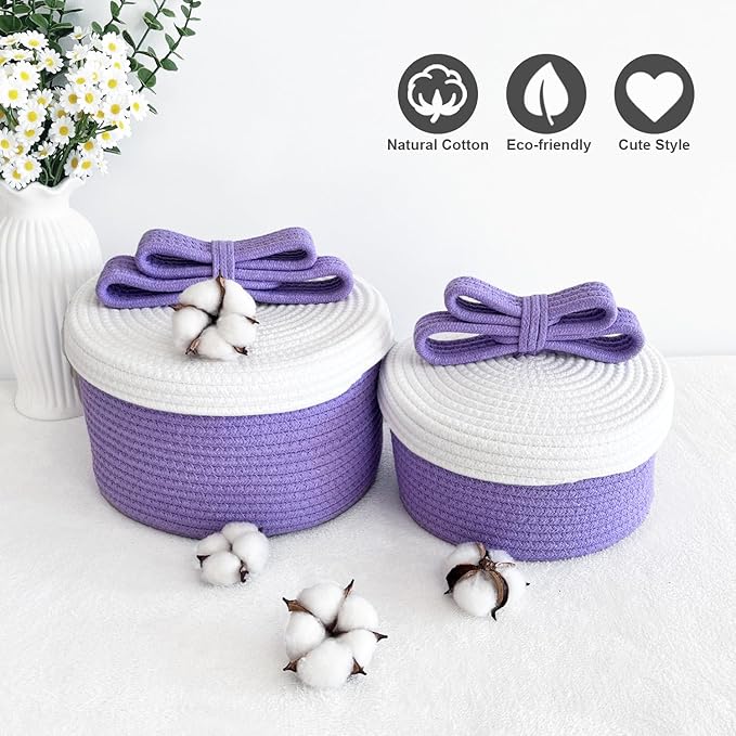 Small Storage Baskets with Lids, Round Woven Rope Basket with Lid, Cute Storage Box for Small Toy, Gift or Home Decor, Decorative Basket with Cute Bow Handle (Lavender)
