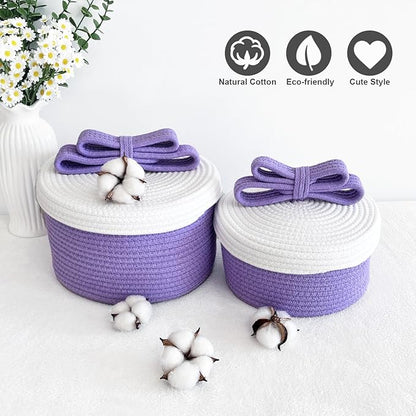 Small Storage Baskets with Lids, Round Woven Rope Basket with Lid, Cute Storage Box for Small Toy, Gift or Home Decor, Decorative Basket with Cute Bow Handle (Lavender)