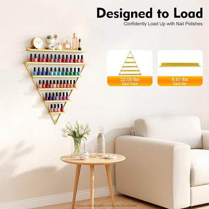 Elegant Wall Mounted Nail Polish Storage Rack Set of 10 Triangular Cosmetic Display Shelves for Essential Oil Bottles, Organize Your Lipsticks and Perfumes in Style at Home or Salon (Gold)