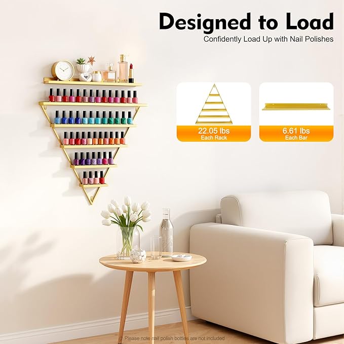 Wall-Mounted Polish Rack, Set of 10 Triangular Gold Nail Polish Shelf, Lipstick Perfume Cosmetic Display for Home Spa Salon Shop