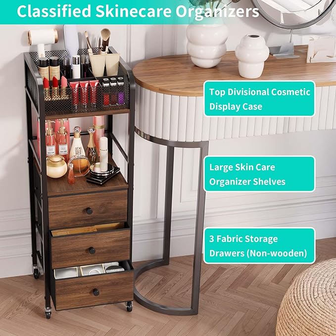 HapiRm Rolling Makeup Cart Organizer - Floor Skincare Make Up Storage with 3 Non-woven Fabric Drawers, Vanity Organizer Cosmetic Display Cases Holder for Skin Care Perfume Nail Polish Brush Hair Tool
