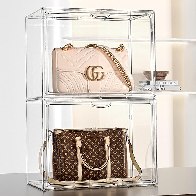 Clear Plastic Stackable Storage Bins, Clear Shoe Box, Dustproof Book & Cosmetic Display Cases, Large Figures Collectibles Showcase, Shoe Storage Boxes, Bag Organizer (2, Transparent-2 Pack)