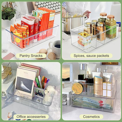 ZIZOTI Snack Organizer for Pantry Shelf, 2 Pack Clear Plastic Pantry Storage Bins with 3 Dividers for Snacks, Spices, Chips Food Organizer, Stackable Pantry Organizers for Kitchen, Fridge, Cabinet