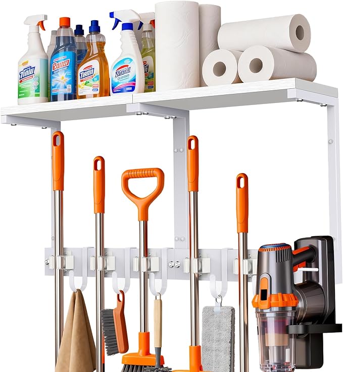Broom Holder Wall Mount with Top Wooden Shelf, Heavy Duty Metal Cleaning Supplies Broom Hanger with Vacuum Organizer and 5 Slots & 5 Hooks for Laundry Garage Tool Storage Kitchen (Large, White)