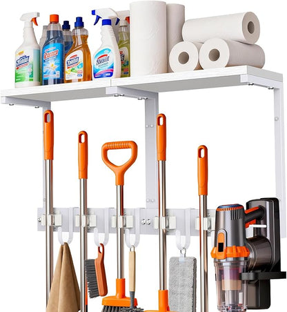 Broom Holder Wall Mount with Top Wooden Shelf, Heavy Duty Metal Cleaning Supplies Broom Hanger with Vacuum Organizer and 5 Slots & 5 Hooks for Laundry Garage Tool Storage Kitchen (Large, White)