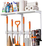 Broom Holder Wall Mount with Top Wooden Shelf, Heavy Duty Metal Cleaning Supplies Broom Hanger with Vacuum Organizer and 5 Slots & 5 Hooks for Laundry Garage Tool Storage Kitchen (Large, White)