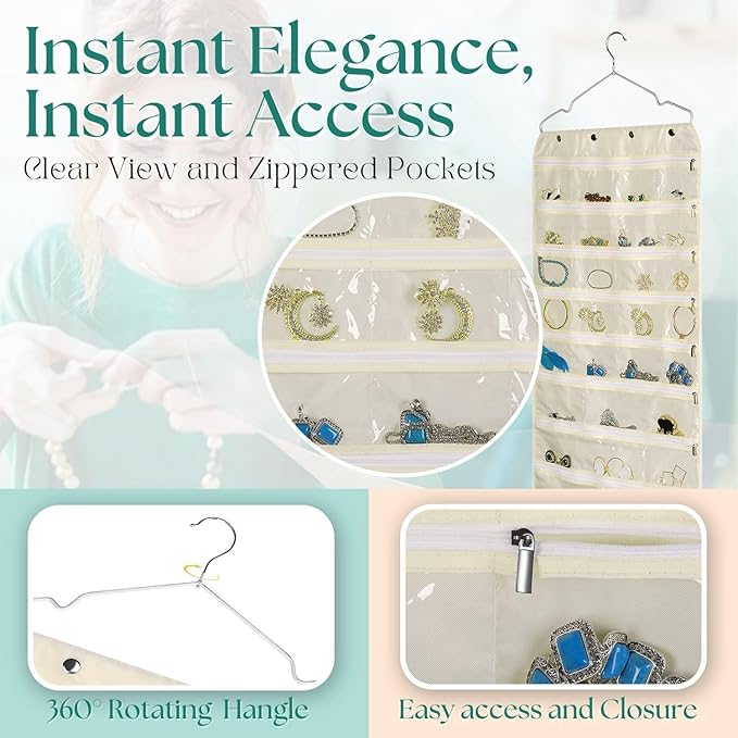 Flexzion Hanging Jewelry Organizer with Zippered Pockets - (1 Pack) Beige Closet Jewelry Organizer Storage with Hanger, 56 Pockets Dual Sided Earring Organizer Hanging for Bracelet, Watches, Ring