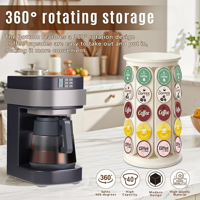 K Cup Holder, Coffee Pod Storage Carousel Holder Organizer Compatible with 40 Keurig K-Cup Pods, Home or Office Kitchen Counter Organizer（White）