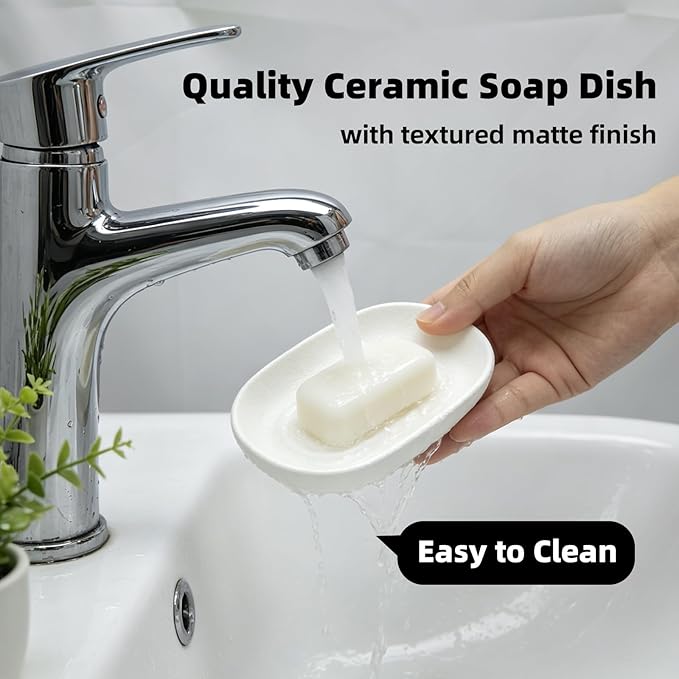 Ceramic Soap Dish for Bathroom & Kitchen Sink- Black Matte Textured Finish Bar Soap Holder for Shower - Easy to Clean Small Simple Oval Soap Dishes Holders for Bar Soaps, Sponges, Jewelry