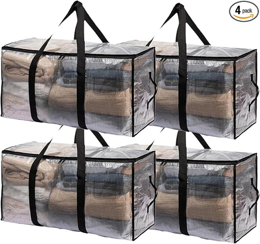 4-Packs Extra Large Heavy Duty Moving Bags, Waterproof Storage Totes with Handles & Zippers Storage Bags Totes for Clothes Packing, Dorms, College Supplies, Space Saving, Clear
