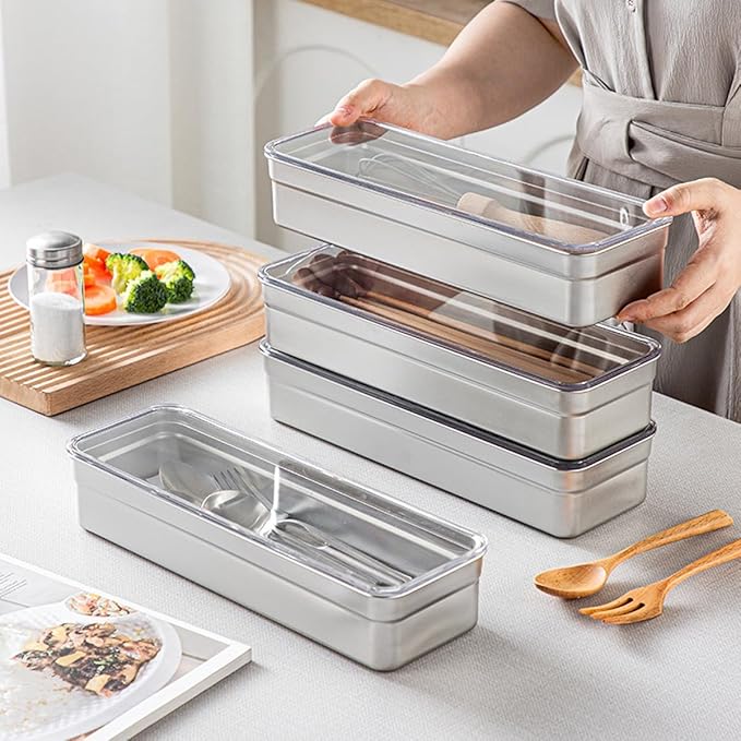 18/8 Stainless Steel Flatware Tray Kitchen Drawer Organizer with Lid and Drainer Stackable Utensil Holder for Countertop Large Capacity Silverware Tray Flatware Organizers