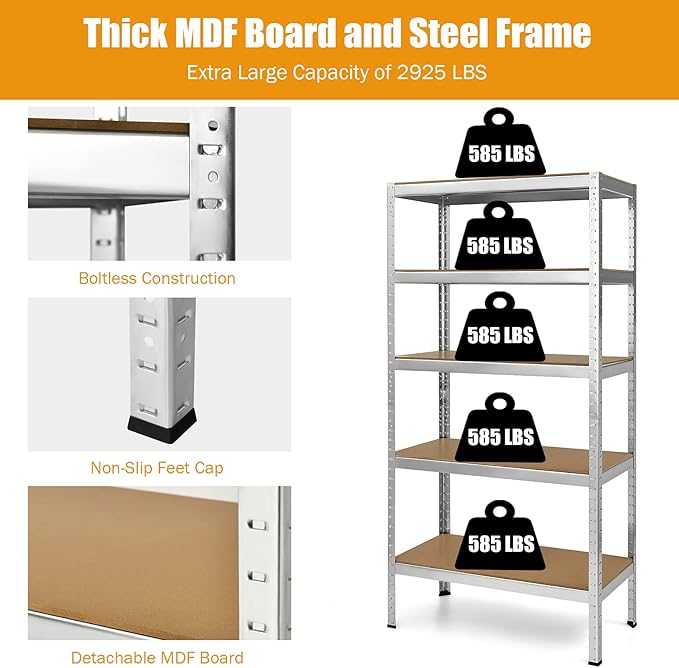 Tangkula 72" Storage Shelves, Heavy Duty Steel Frame 5-Tier Garage Shelf, Metal Multi-Use Storage Shelving Unit for Home/Office/Dormitory/Garage (1, Silver)