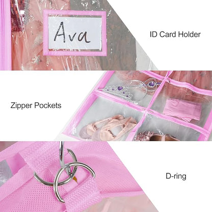 Univivi Clear Garment Bags for Dance Costumes, 40 Inch Dance Costume Garment Bags for Dancers, with 4 Medium Clear Zipper Pockets and 1 Large Back Zippered Pocket (Pink, 2 Pack)