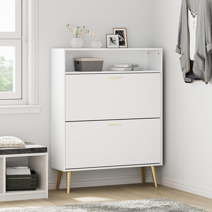 JOZZBY Shoe Cabinet Storage for Entryway, Freestanding Slim Shoe Organizer Cabinet with 2 Flip Drawers, Narrow Shoe Rack with Open Shelves for Hallway, Living Room, White