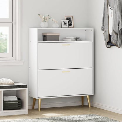JOZZBY Shoe Cabinet Storage for Entryway, Freestanding Slim Shoe Organizer Cabinet with 2 Flip Drawers, Narrow Shoe Rack with Open Shelves for Hallway, Living Room, White