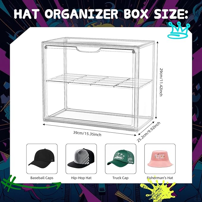Clear Hat Box Storage, Baseball Cap Organizer for Baseball Caps, Hat Acrylic Display Case with Removable Compartment, Plastic Stackable Hats Holder Organizer Box with Magnetic Lid, 1 Pack