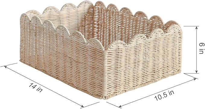 Scalloped Basket, Wicker Storage Baskets, Hand Woven Baskets for Shelves,Natural Baskets for Organizing (Rattan&M-14" L x 10.5" W x 6" H)