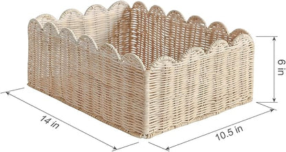 Scalloped Basket, Wicker Storage Baskets, Hand Woven Baskets for Shelves,Natural Baskets for Organizing (Rattan&M-14" L x 10.5" W x 6" H)