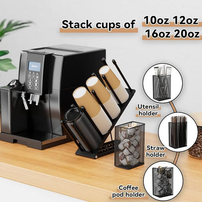 OVICAR Cup and Lid Holder - Adjustable Coffee Cup Holder Organizer 4 Compartment Disposable Cup Dispenser with Coffee Pod Straw Storage Basket for Coffee Station Bar Countertop Breakroom Metal Black
