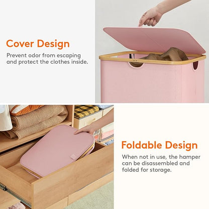 Lifewit 150L Laundry Basket with Lid, Clothes Hampers for Laundry with Bamboo Handles and 2 Removable Bag, Large Foldable Laundry Hamper for Bedroom, Bathroom, Dorm, Laundry Room, Pink