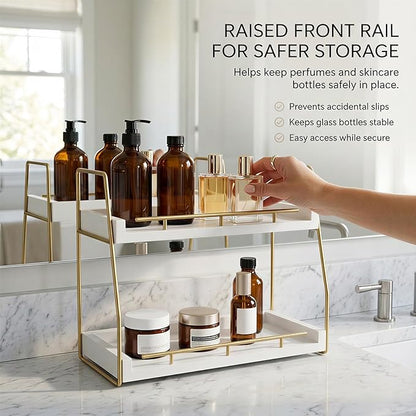 Mustry Bathroom Countertop Organizer, 2-Tier Makeup Organizer for Vanity, Wooden Shelf with Gold Metal Frame for Skincare, Perfume & Decor (White&Gold)