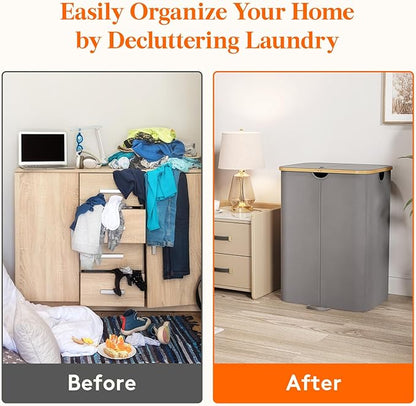 Lifewit 150L Double Laundry Hamper with Lid, Large Laundry Basket with Removable Bag & Bamboo Handles, Fodable Tall Dirty Clothes Hamper for Laundry Collapsible Bin for Bathroom Bedroom, Charcoal Gray