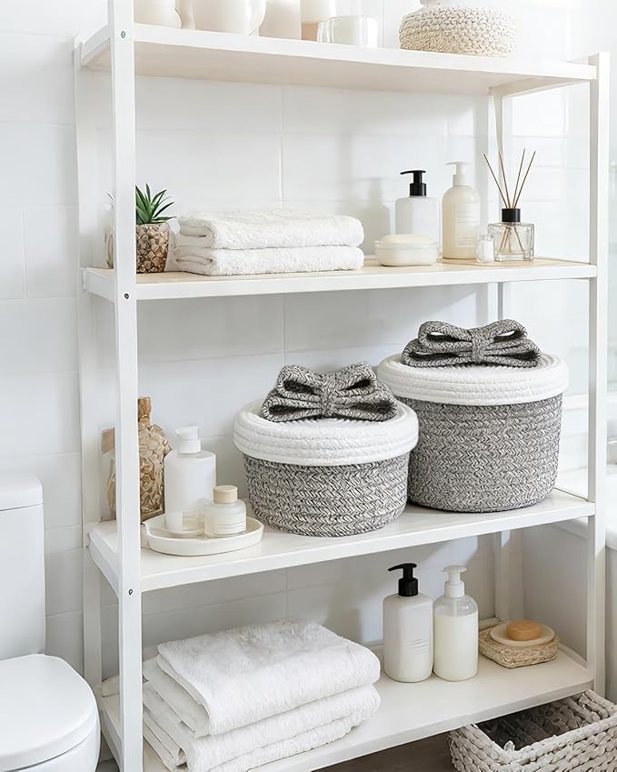 Decorative Storage Baskets with Lids, Small Woven Rope Basket with Lid, Decorative Basket for Home Decor, Dog Toy Storage Baskets with Cute Bow Handle, grayish-brown