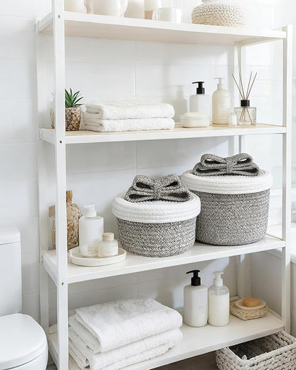 Decorative Storage Baskets with Lids, Small Woven Rope Basket with Lid, Decorative Basket for Home Decor, Dog Toy Storage Baskets with Cute Bow Handle, grayish-brown