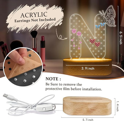 COSHAYSOO Initial Acrylic Earring Holder Organizer for Women Teen Girls with Butterfly Decoration LED Night Light Gifts Personalized Nursery Decor Teacher Nurse Appreciation Jewelry Stand Letter N